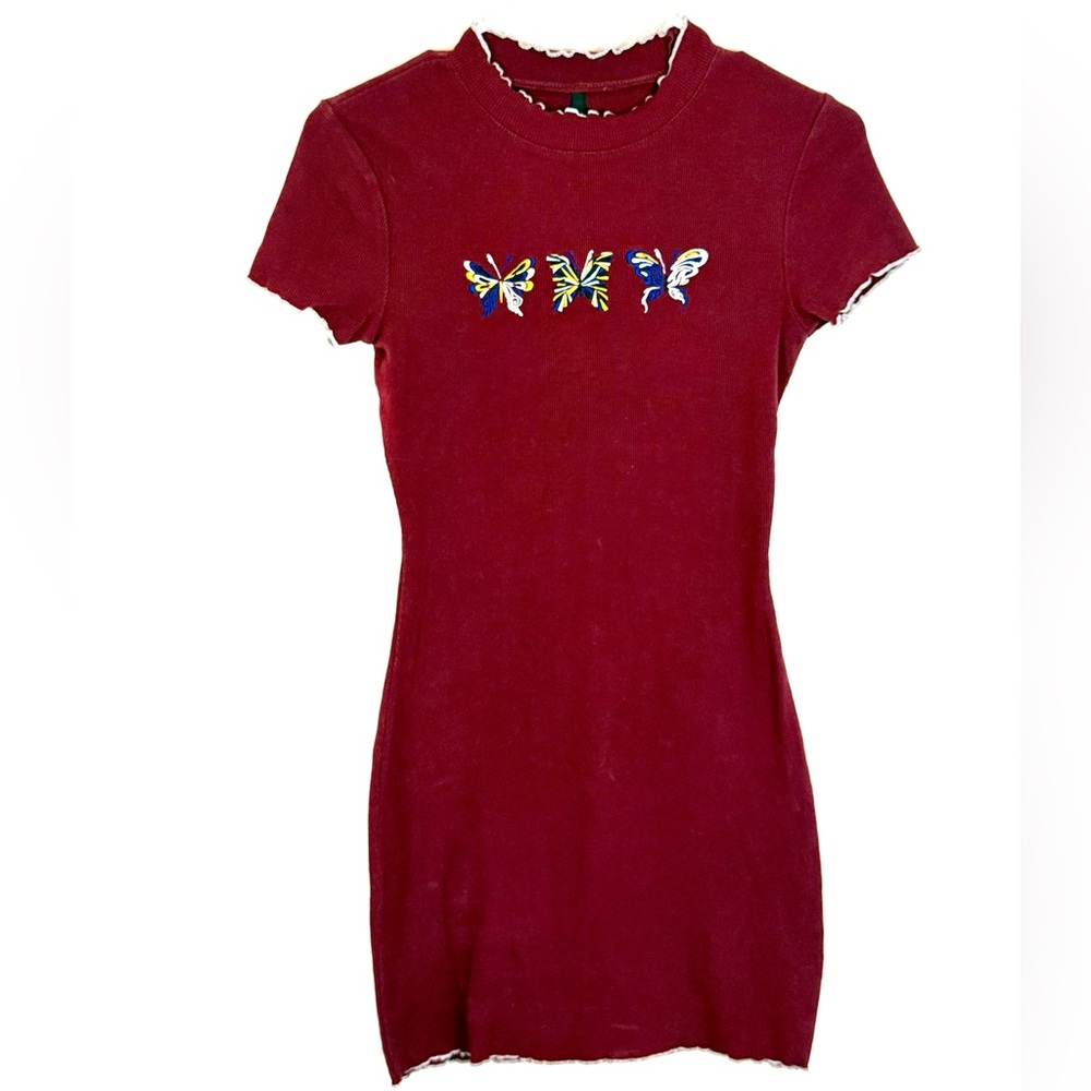 A-Lab Burgundy Embroidered Ribbed Dress
